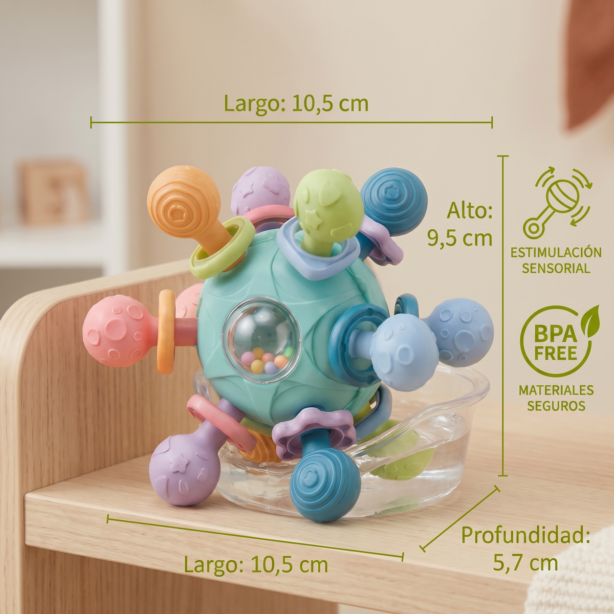 Pelota Sensorial Para Bebé Con Mordedera De Silicón Y Sonajero