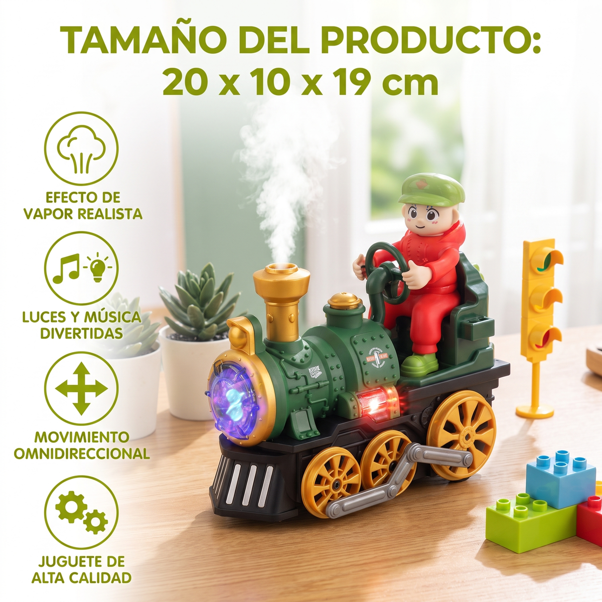 Locomotora De Vapor De Juguete Adorable Con Luces, Música Y Efecto De Vapor