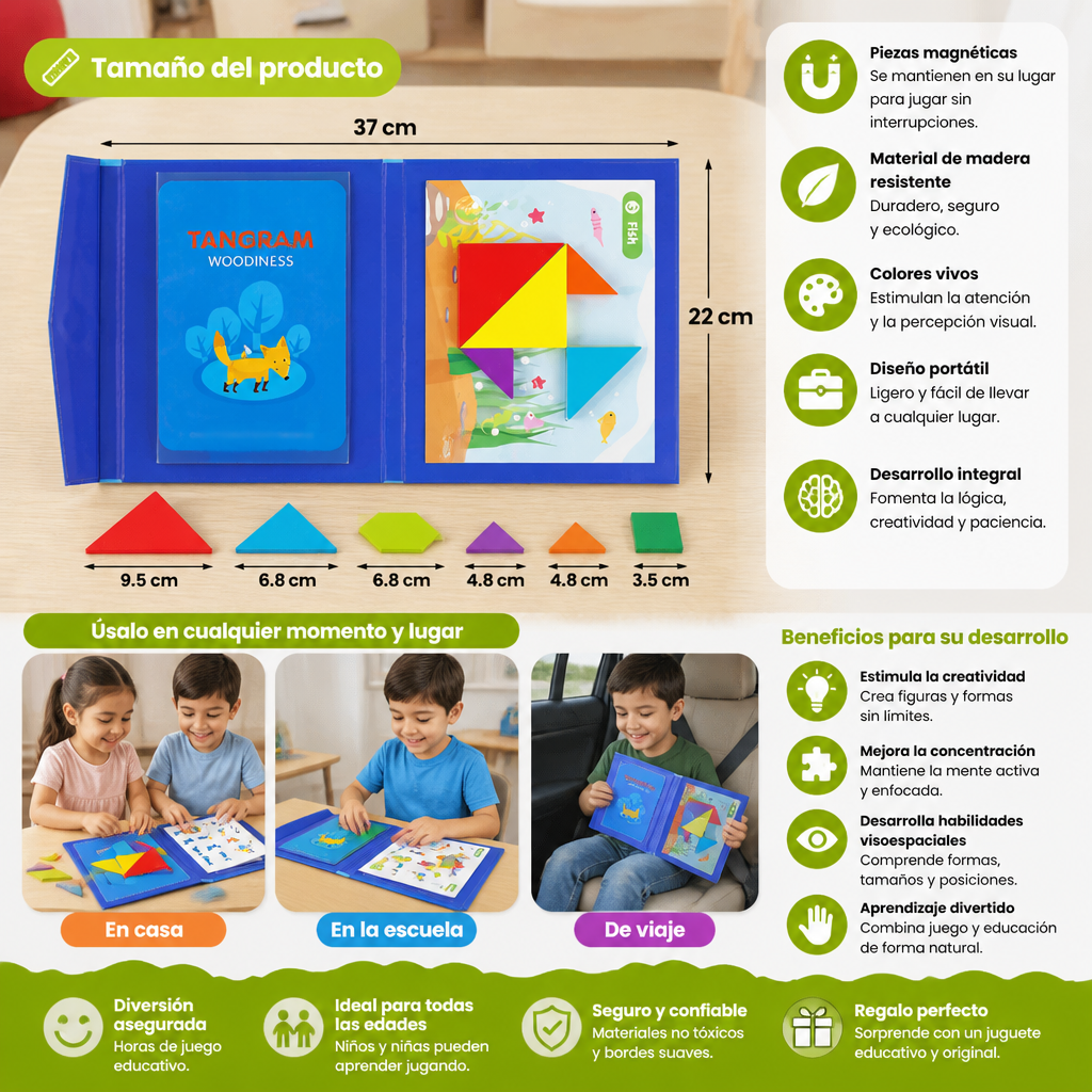 Libro Portátil De Rompecabezas Tangram Magnético Montessori De Madera Para Aprender Y Jugar