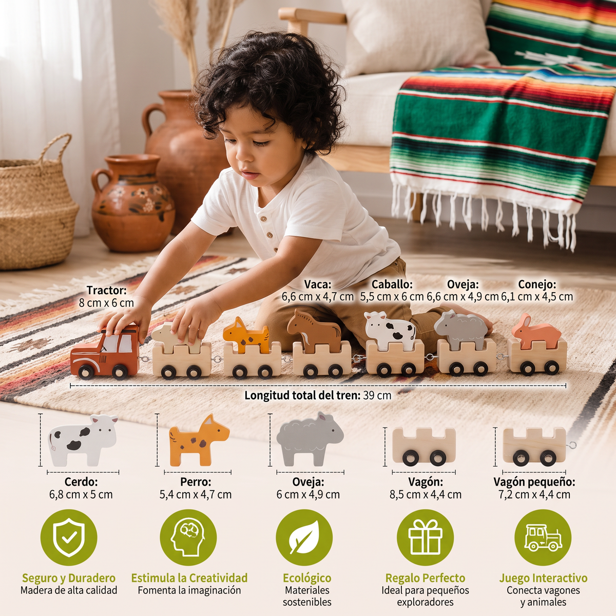 Tren de animales de granja de madera – Juguete con ruedas flexibles para niños
