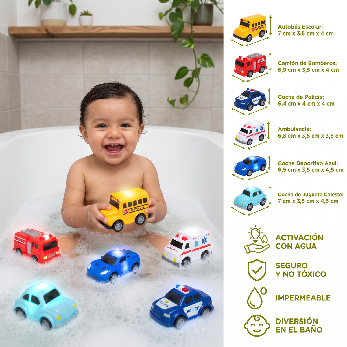 Set De Autos Luminosos Para La Bañera – Juguete De Baño Activado Por Agua Para Bebés