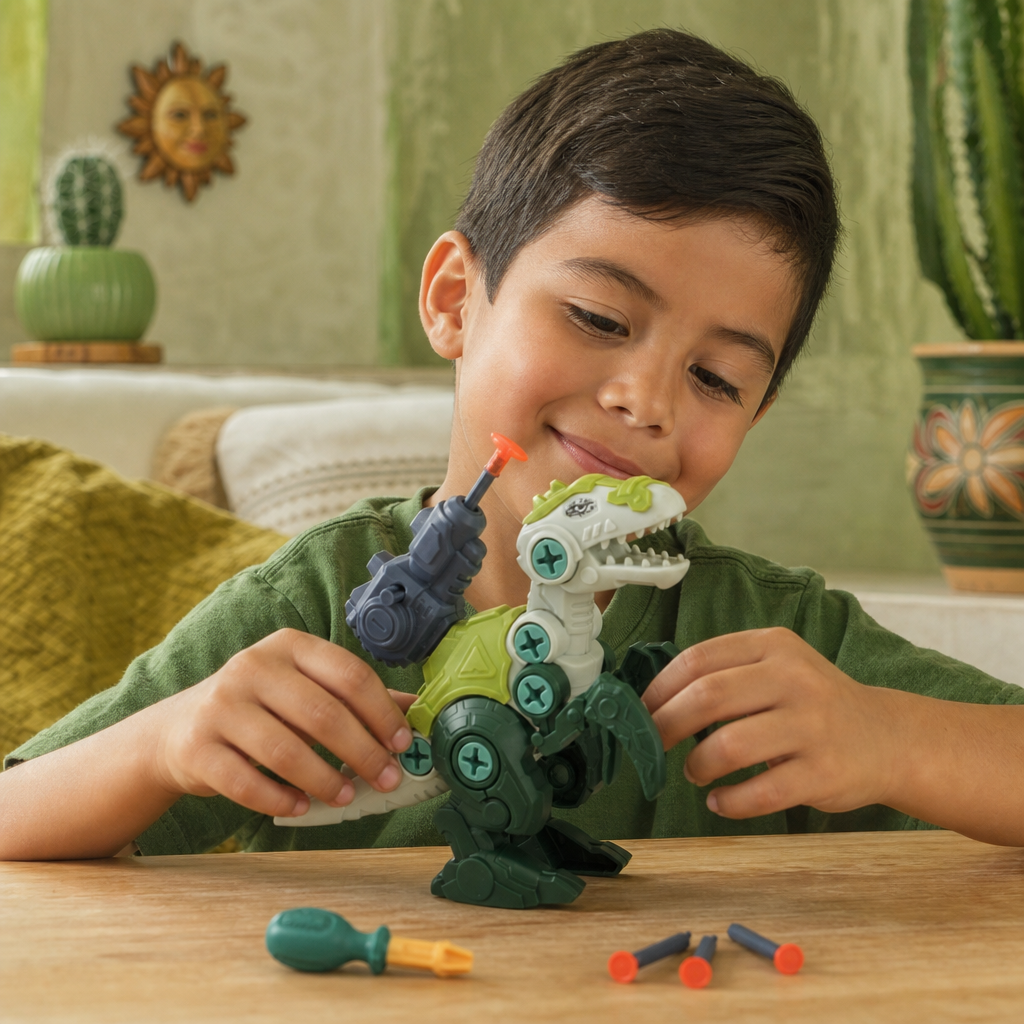 Set de Dinosaurios con Tornillos y Cañón de Ventosas