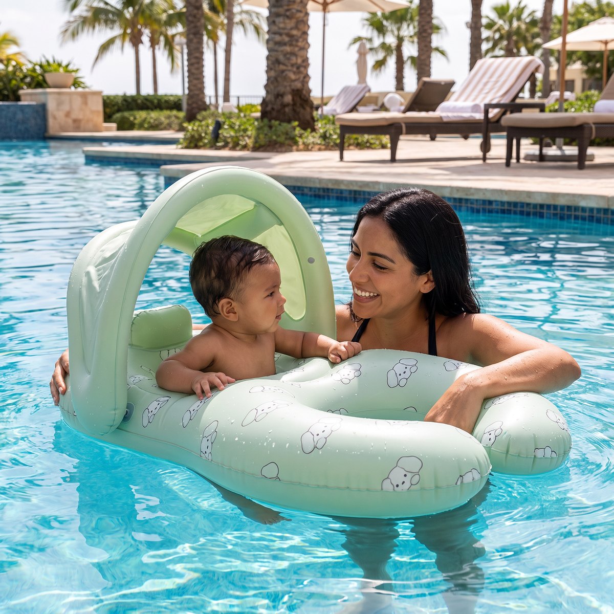 Flotador Inflable para Mamá o Papá y Bebé con Toldo Protector Solar