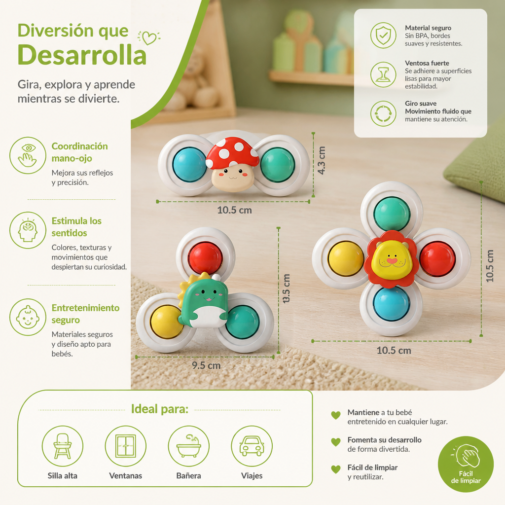 Set de 3 adorables juguetes giratorios con ventosa para bebés