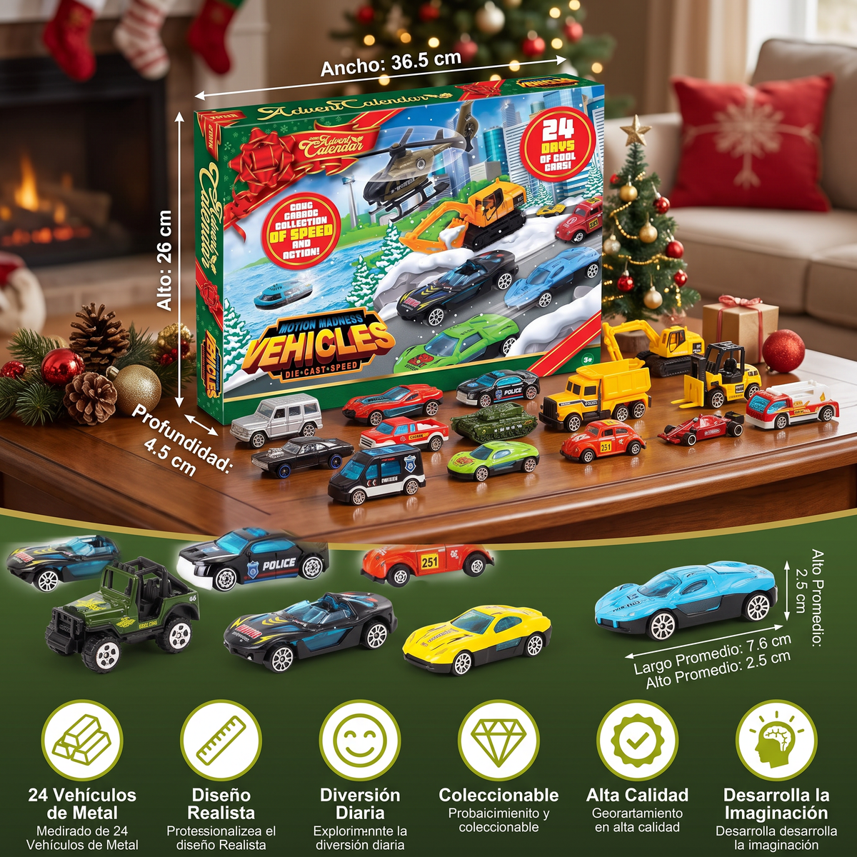 Calendario de Adviento navideño con autos de fundición a presión para niños