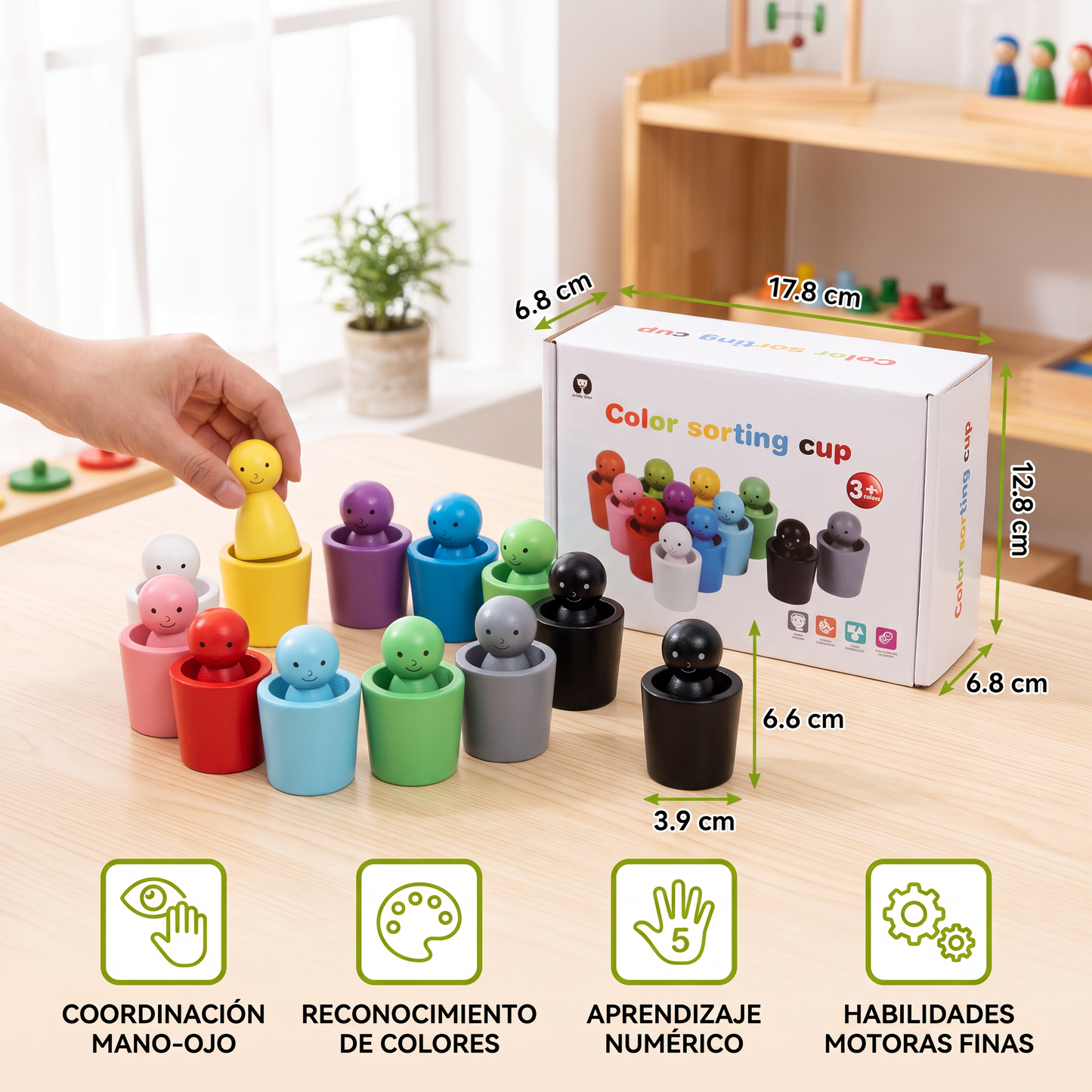 Juego de clasificación de colores Montessori con vasos de madera