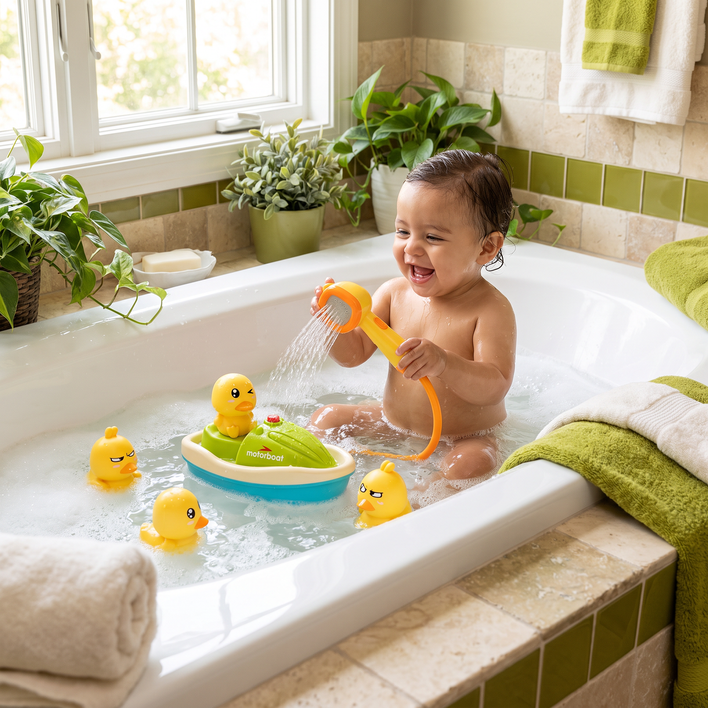 Juguete de baño con fuente de patitos y ducha