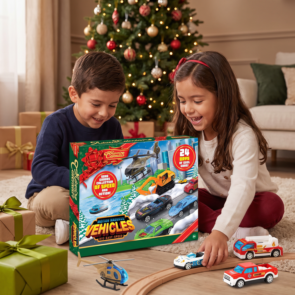 Calendario de Adviento navideño con autos de fundición a presión para niños