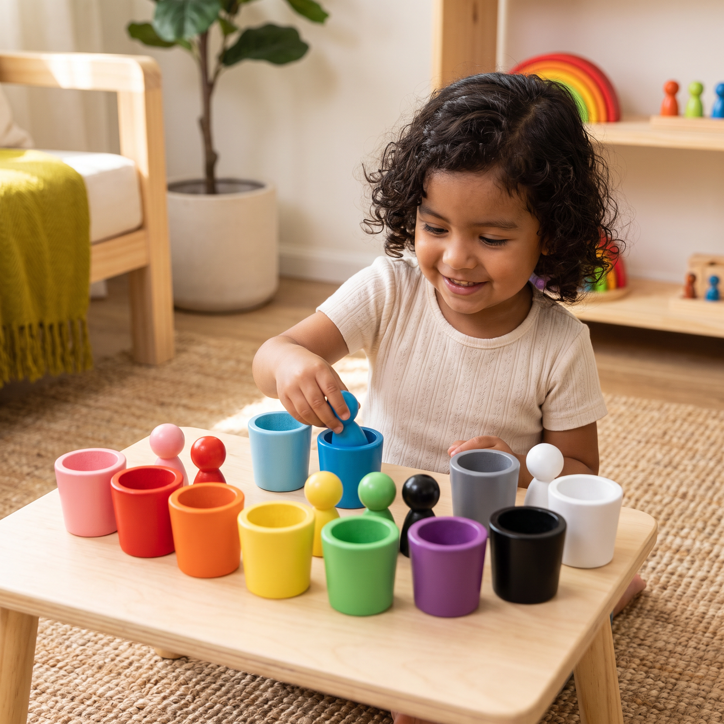 Juego de clasificación de colores Montessori con vasos de madera