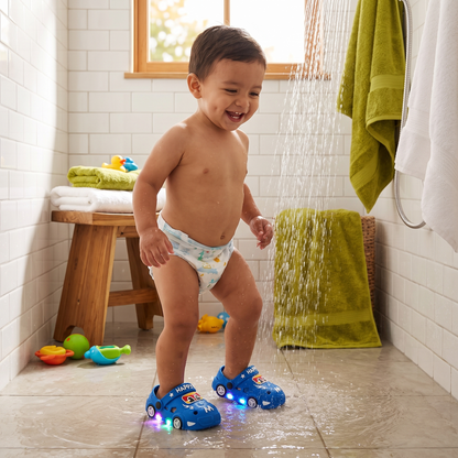 Sandalias infantiles luminosas con diseño de auto – chanclas de baño con suela antideslizante