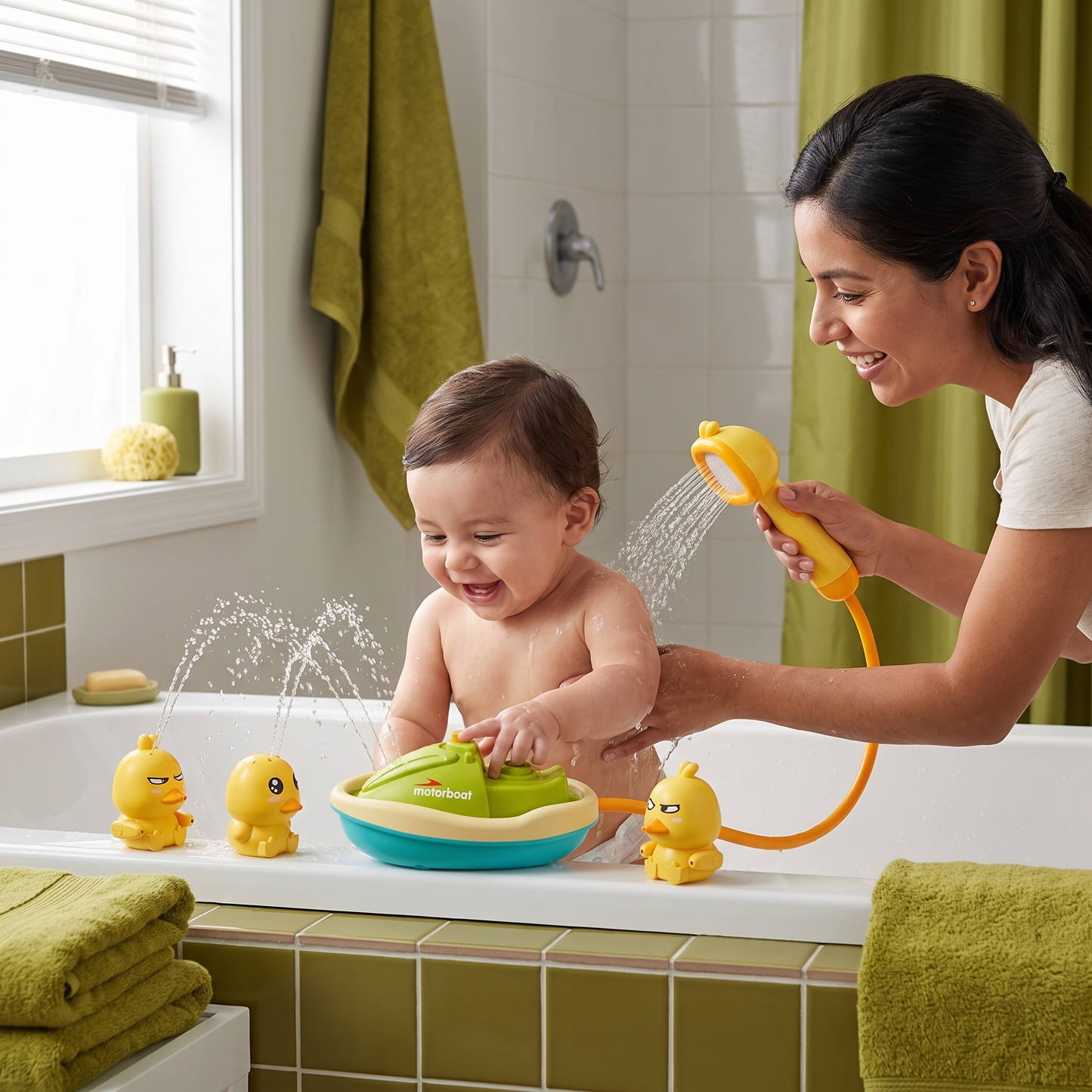 Juguete de baño con fuente de patitos y ducha