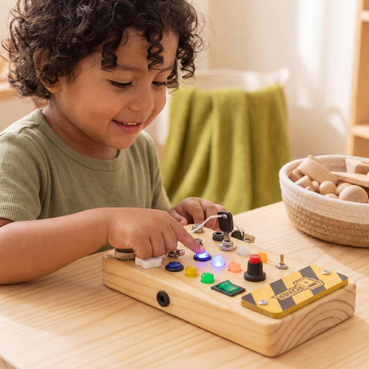 Tablero ocupado con controlador LED de madera – Juguete educativo Montessori para fomentar la motricidad