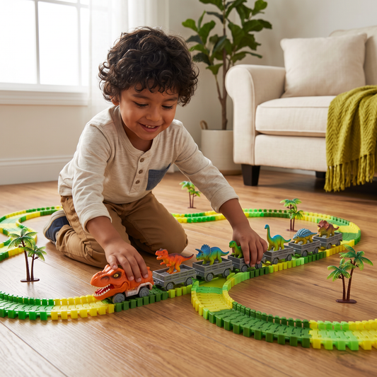 Aventura de pistas de dinosaurios – circuito de carreras flexible con tren luminoso