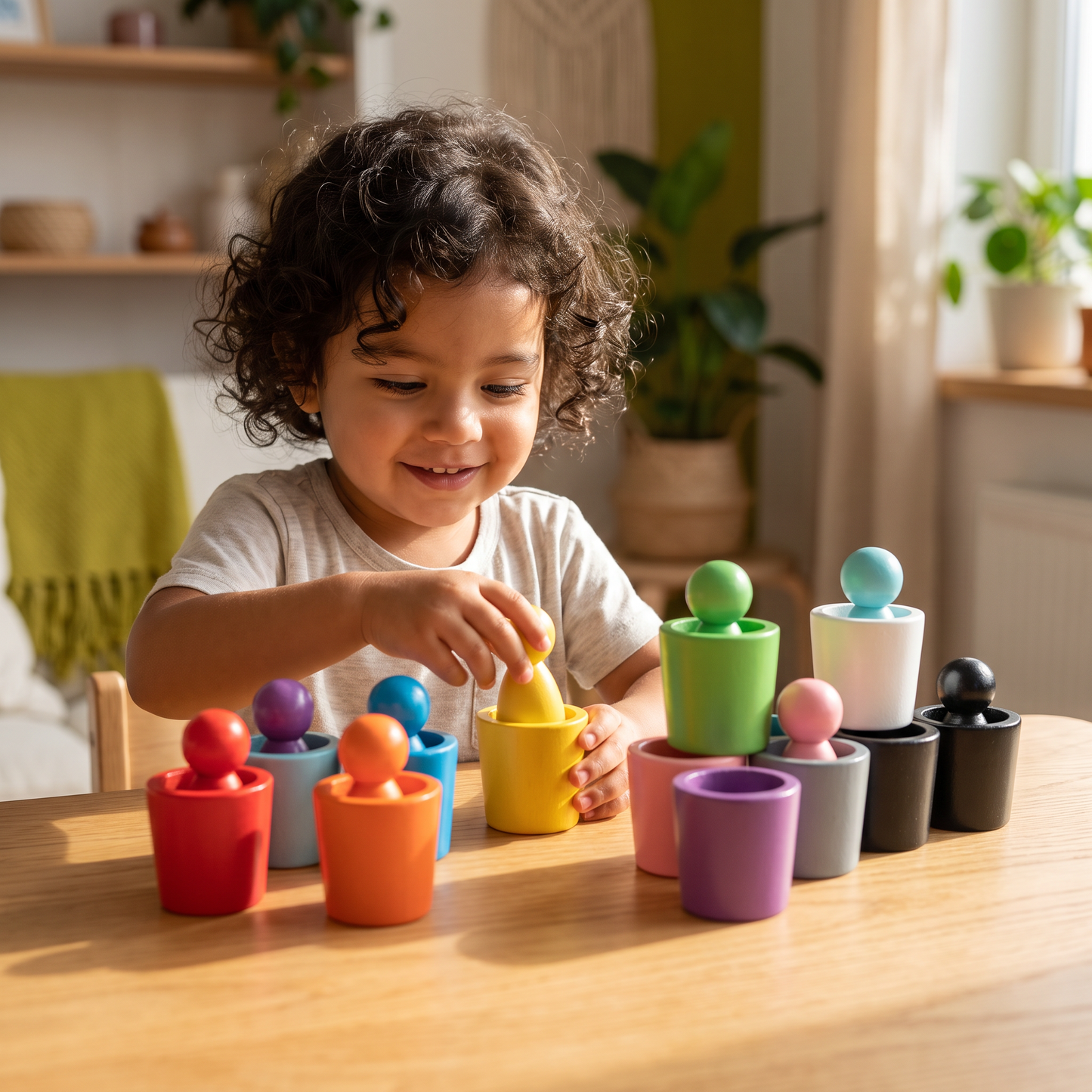 Juego de clasificación de colores Montessori con vasos de madera
