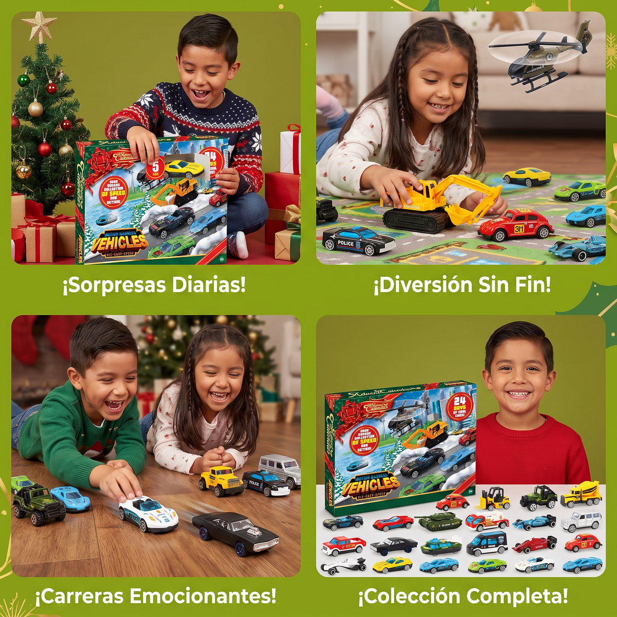 Calendario de Adviento navideño con autos de fundición a presión para niños
