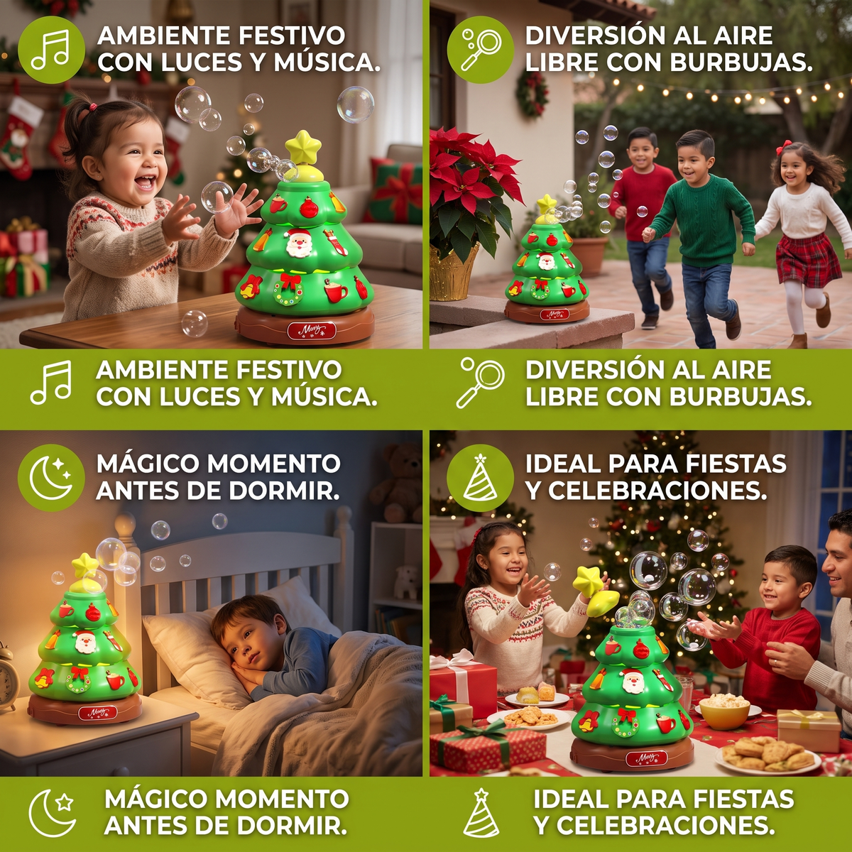 Árbol de Navidad musical con burbujas de jabón y pegatinas decorativas