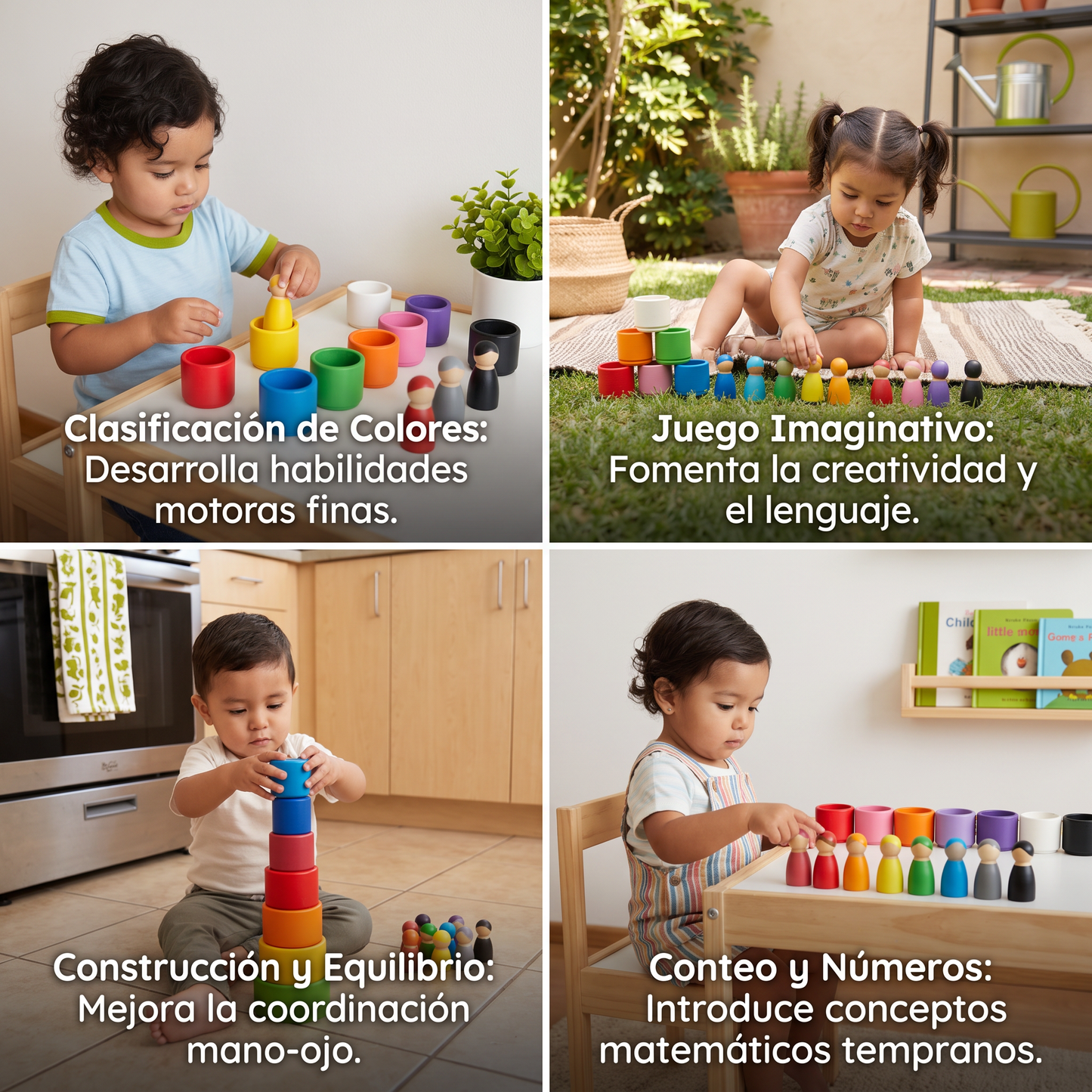 Juego de clasificación de colores Montessori con vasos de madera