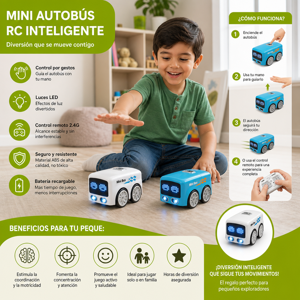 Mini Autobús RC Inteligente Para Niños – Control Por Gestos Y Luces LED