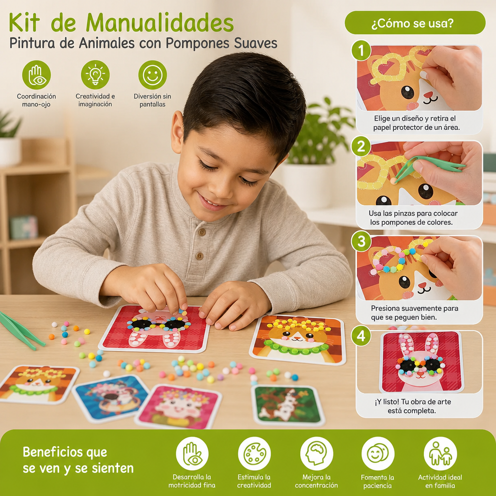 Kit De Manualidades Y Pintura De Animales Con Pompones Suaves
