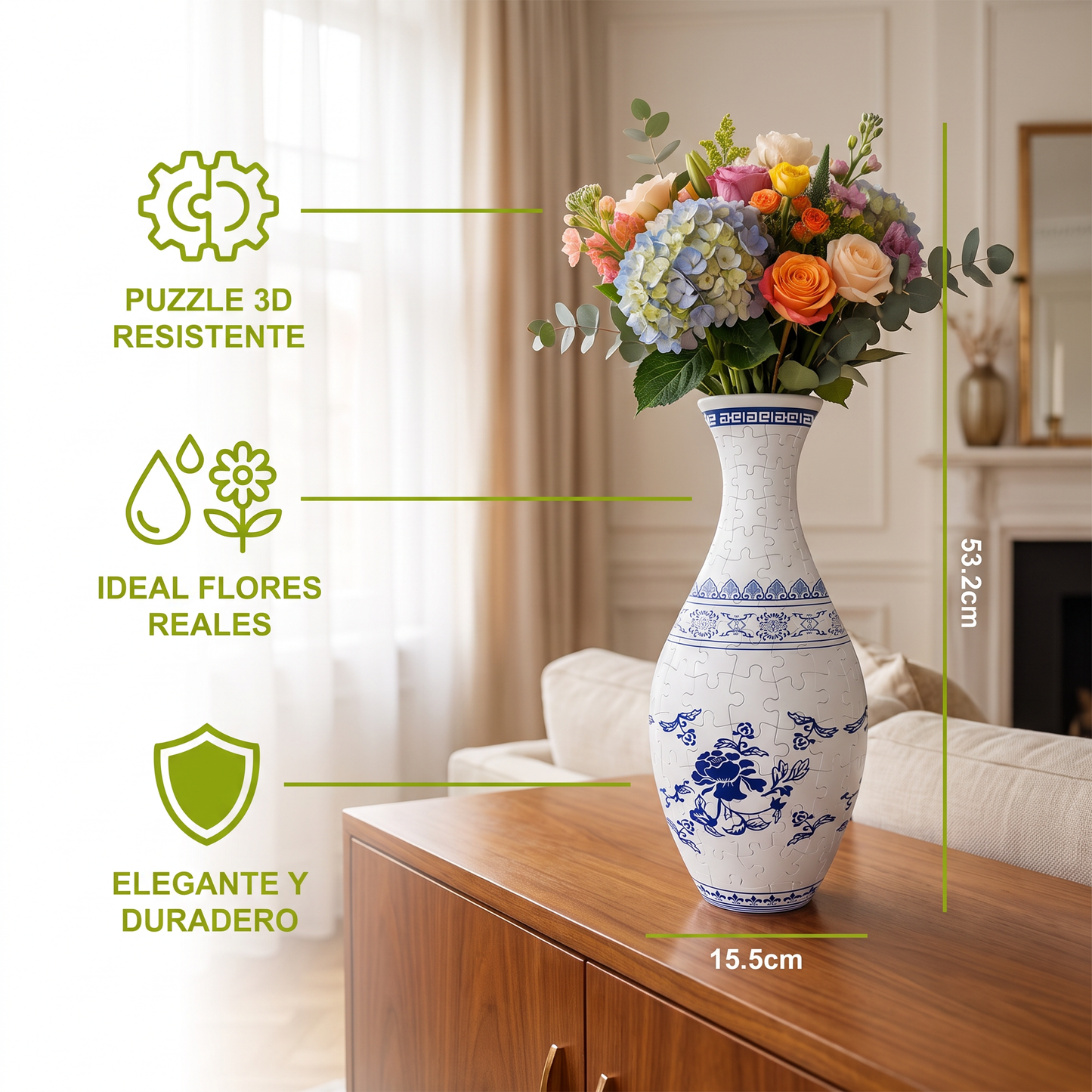 Jarrón Elegante De Rompecabezas 3D - Usable Para Flores Reales