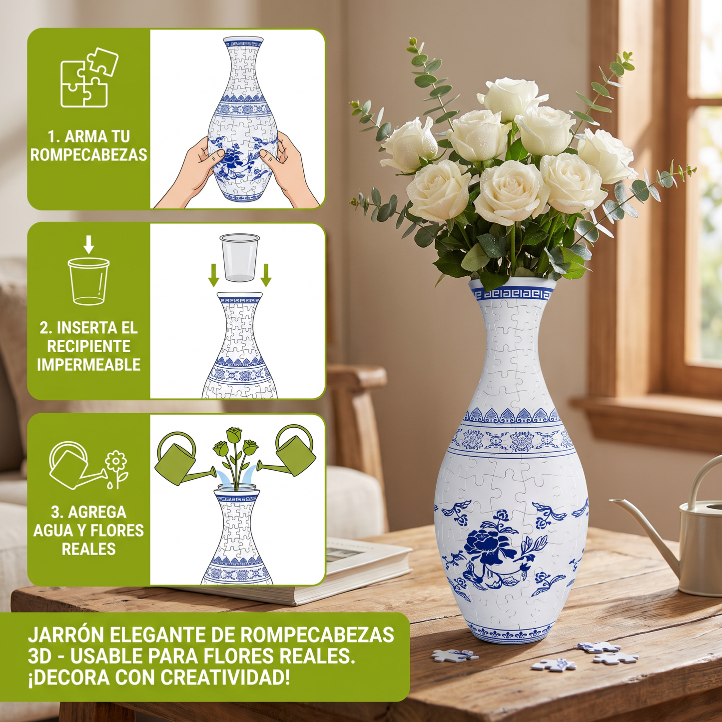 Jarrón Elegante De Rompecabezas 3D - Usable Para Flores Reales