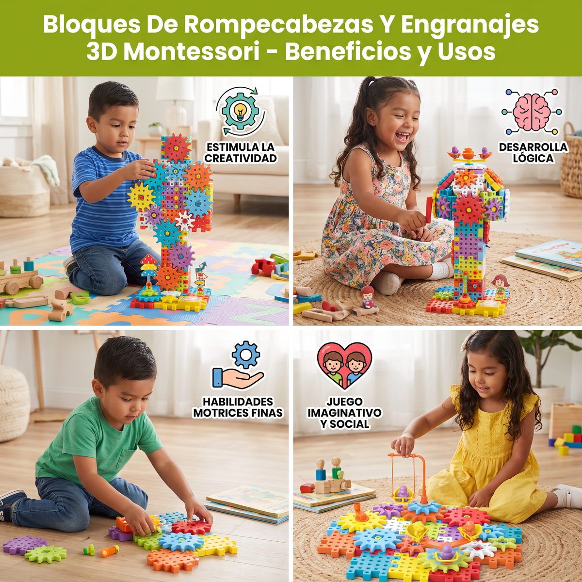 Bloques De Rompecabezas Y Engranajes 3D Montessori