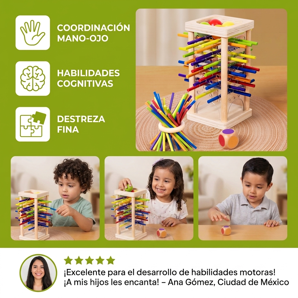 Juego De Habilidad Educativo 3 En 1 De Madera Con Bolas Y Palitos