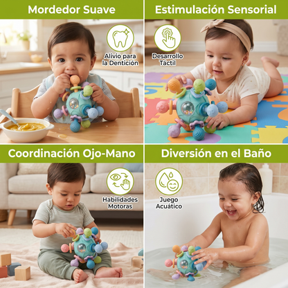 Pelota Sensorial Para Bebé Con Mordedera De Silicón Y Sonajero