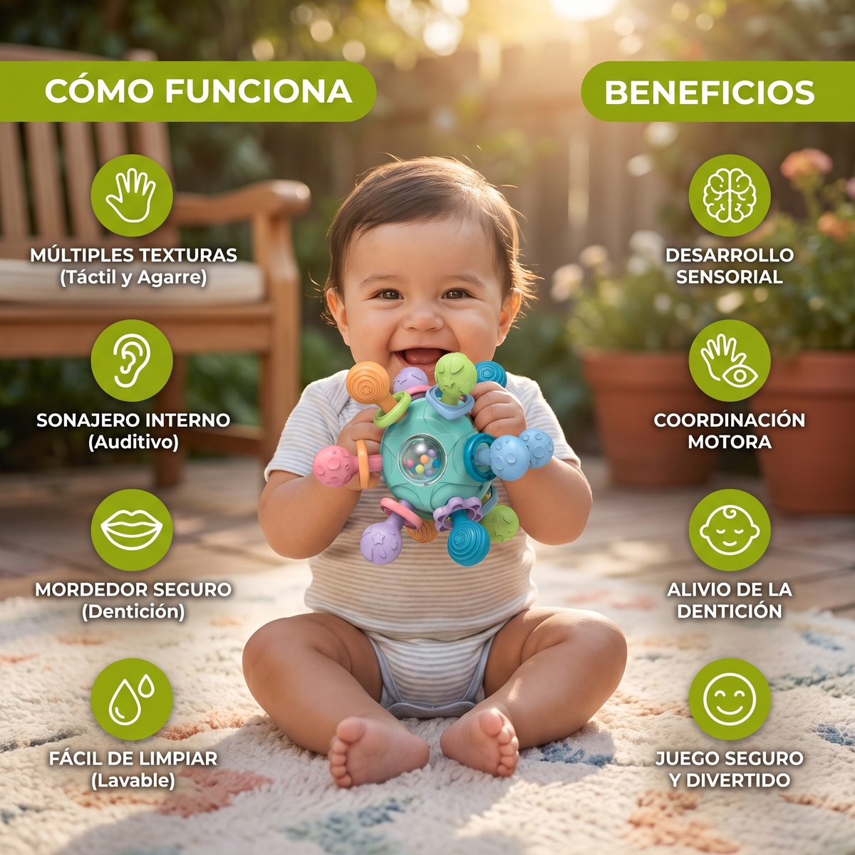Pelota Sensorial Para Bebé Con Mordedera De Silicón Y Sonajero