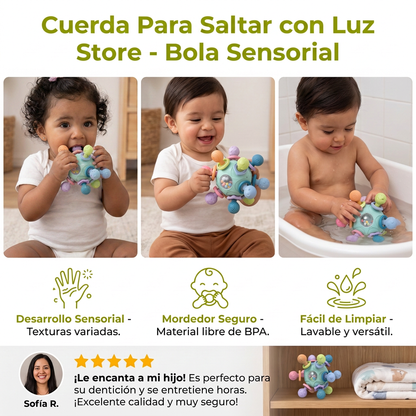 Pelota Sensorial Para Bebé Con Mordedera De Silicón Y Sonajero