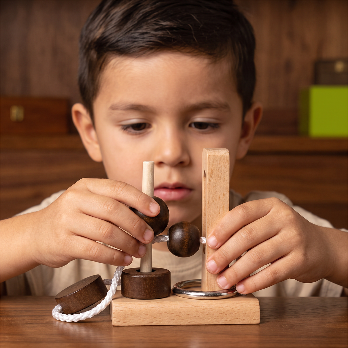 Rompecabezas De Madera IQ Hecho A Mano Con Cuerda – Juego De Ingenio Para Toda La Familia