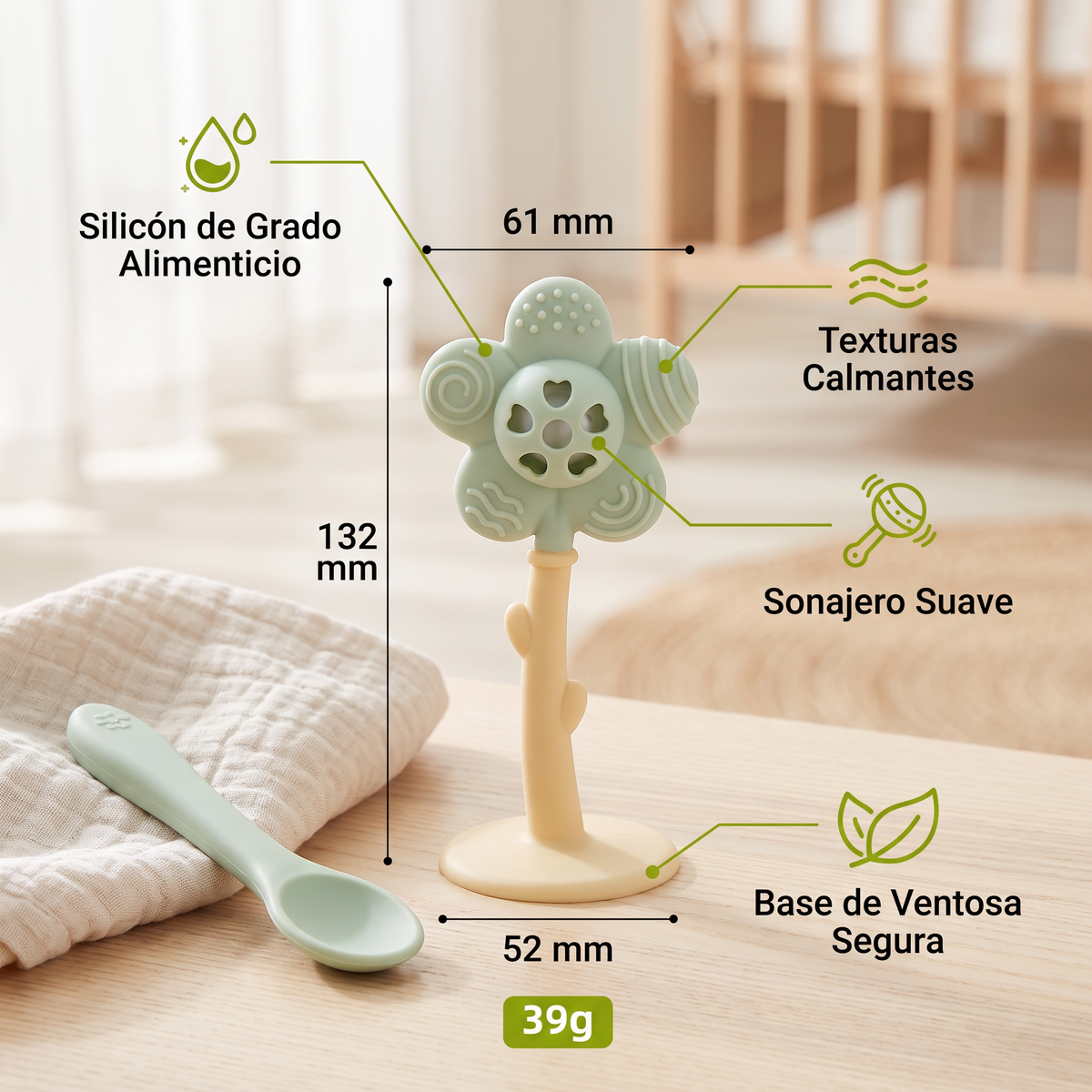 Mordedera De Flor Y Sonajero – Juguete Suave Para La Dentición De Silicón De Grado Alimenticio