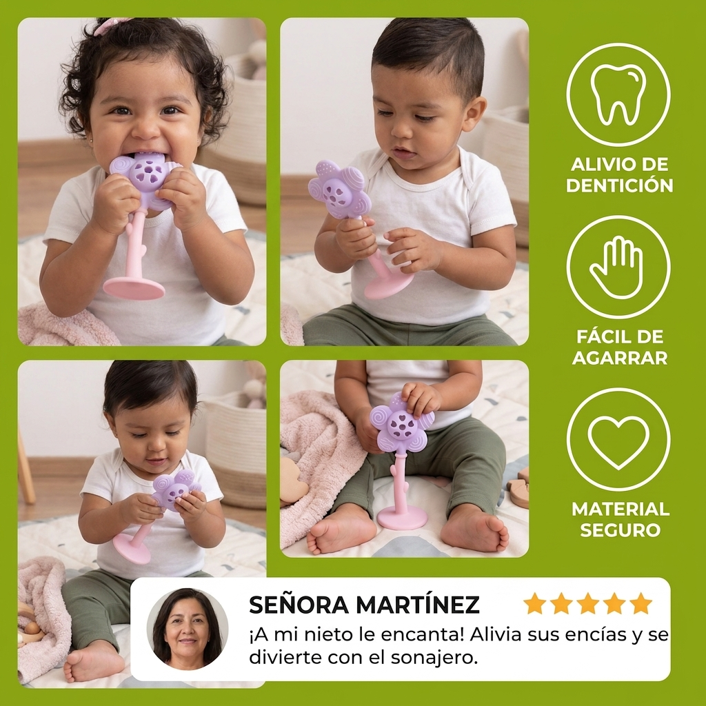 Mordedera De Flor Y Sonajero – Juguete Suave Para La Dentición De Silicón De Grado Alimenticio