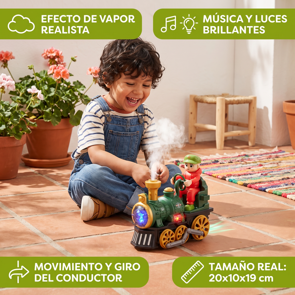 Locomotora De Vapor De Juguete Adorable Con Luces, Música Y Efecto De Vapor