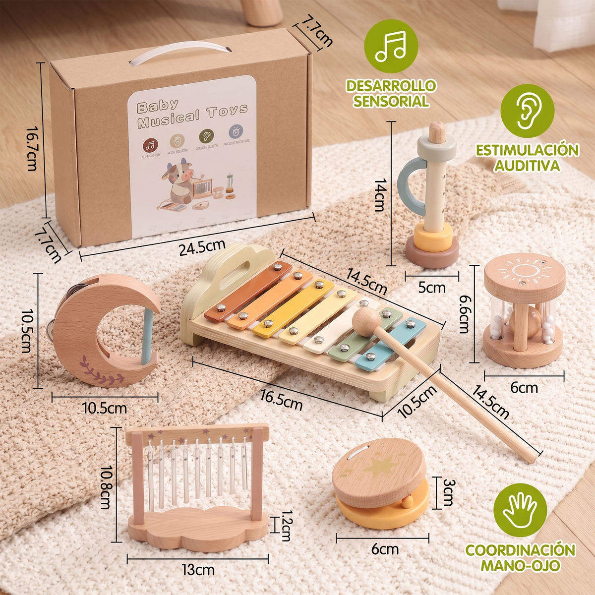 Set De Instrumentos Musicales De Madera Para Bebés – Juguete Sensorial De Música Y Sonidos De 6 Piezas