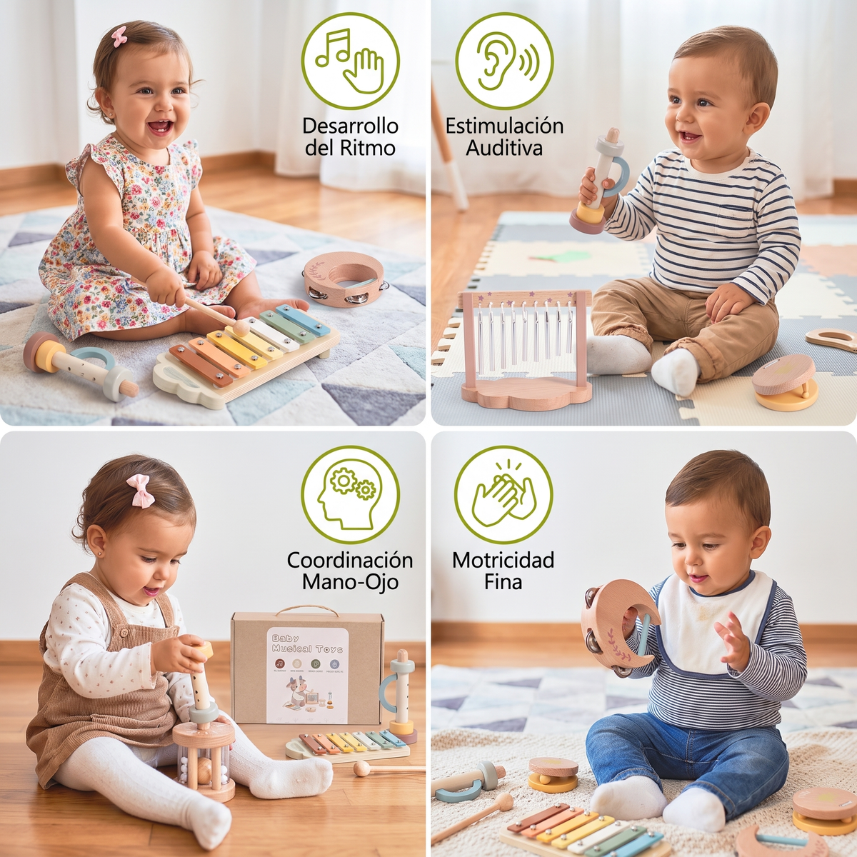 Set De Instrumentos Musicales De Madera Para Bebés – Juguete Sensorial De Música Y Sonidos De 6 Piezas