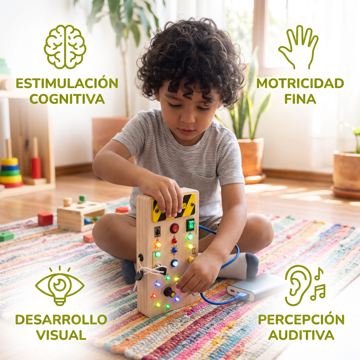 Tablero Sensorial Montessori De Madera Con Luces E Interruptores – Juguete De Motricidad Para Niños