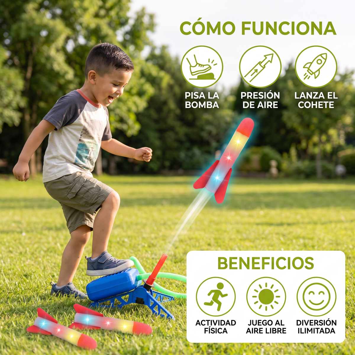 Lanzador De Cohetes Para Niños Con Bomba De Pie – Juguete De Aire A Presión Con Luces Para Exterior