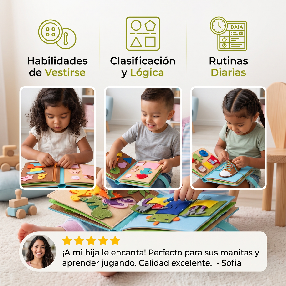 Libro De Actividades Montessori De Fieltro Para Niños – Vestirse, Clasificar Y Aprender Habilidades Cotidianas