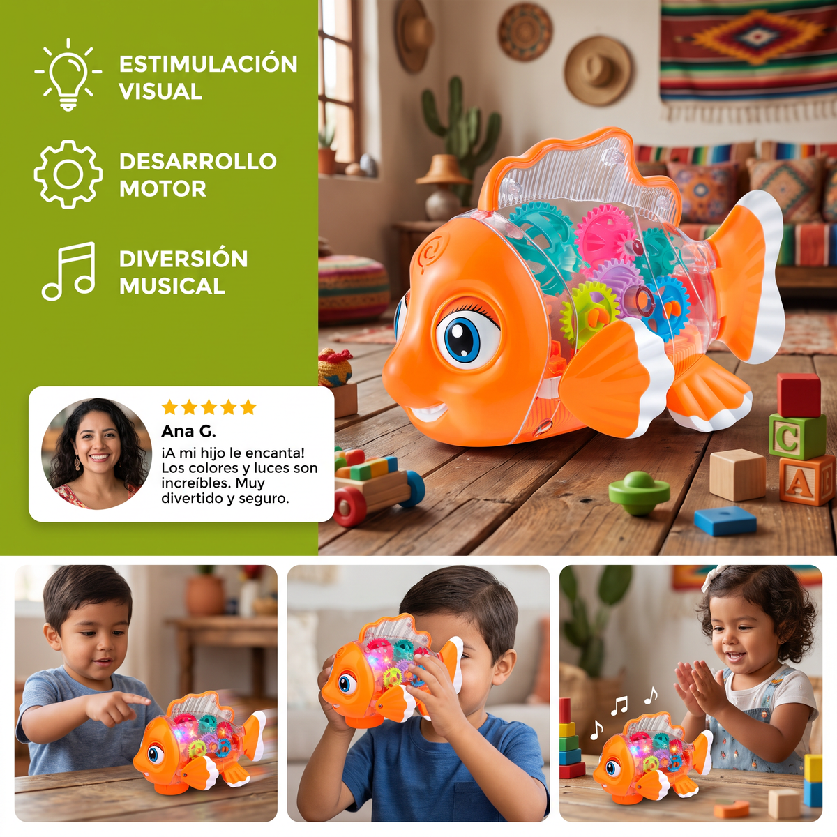 Pez De Engranajes Luminoso Para Niños – Juguete Transparente Musical Y De Movimiento
