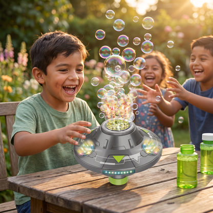Máquina De Burbujas UFO Luminosa Para Niños – Girador De Burbujas Recargable Con Efectos De Luz