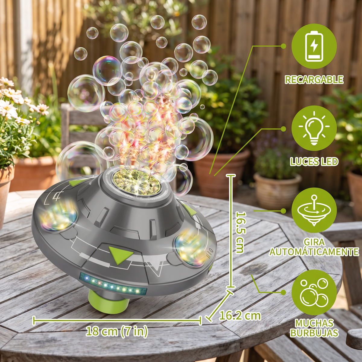 Máquina De Burbujas UFO Luminosa Para Niños – Girador De Burbujas Recargable Con Efectos De Luz
