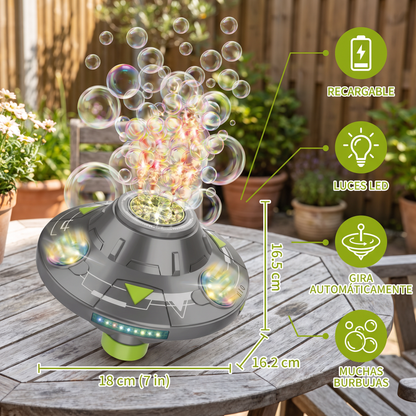 Máquina De Burbujas UFO Luminosa Para Niños – Girador De Burbujas Recargable Con Efectos De Luz