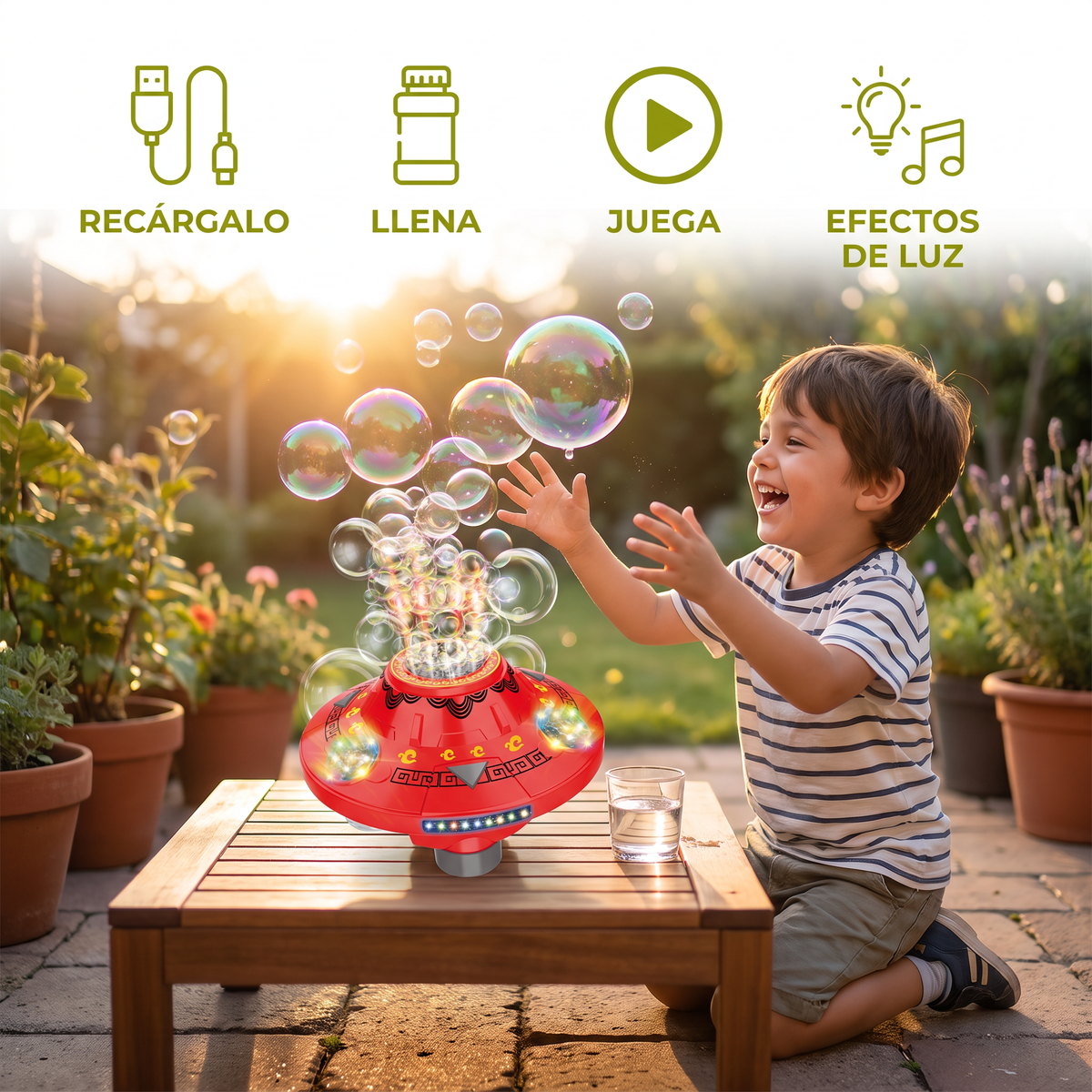 Máquina De Burbujas UFO Luminosa Para Niños – Girador De Burbujas Recargable Con Efectos De Luz