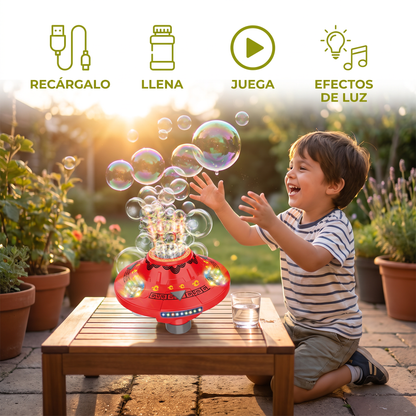 Máquina De Burbujas UFO Luminosa Para Niños – Girador De Burbujas Recargable Con Efectos De Luz
