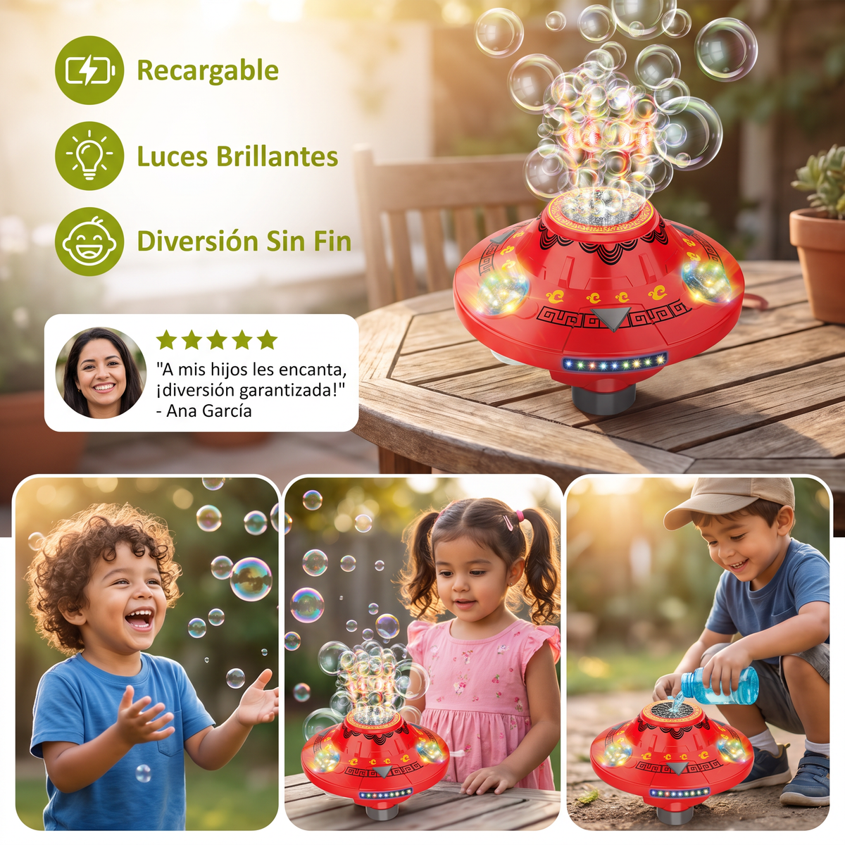 Máquina De Burbujas UFO Luminosa Para Niños – Girador De Burbujas Recargable Con Efectos De Luz