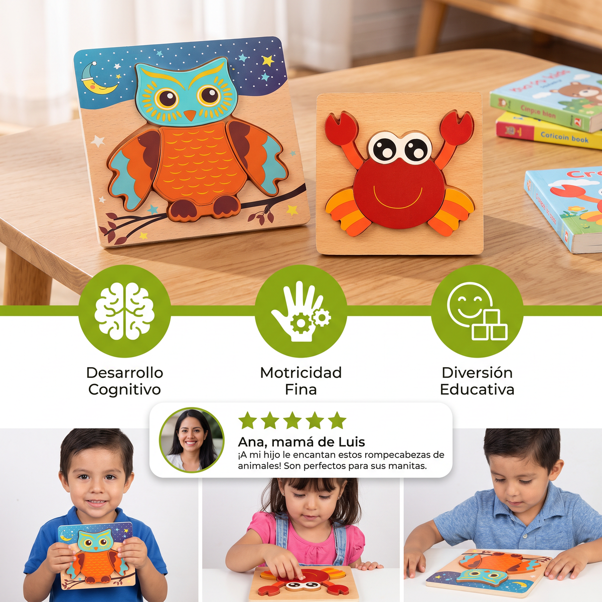 Rompecabezas 3D De Madera Para Niños – Juguete Educativo Con Animales Para Niños Pequeños