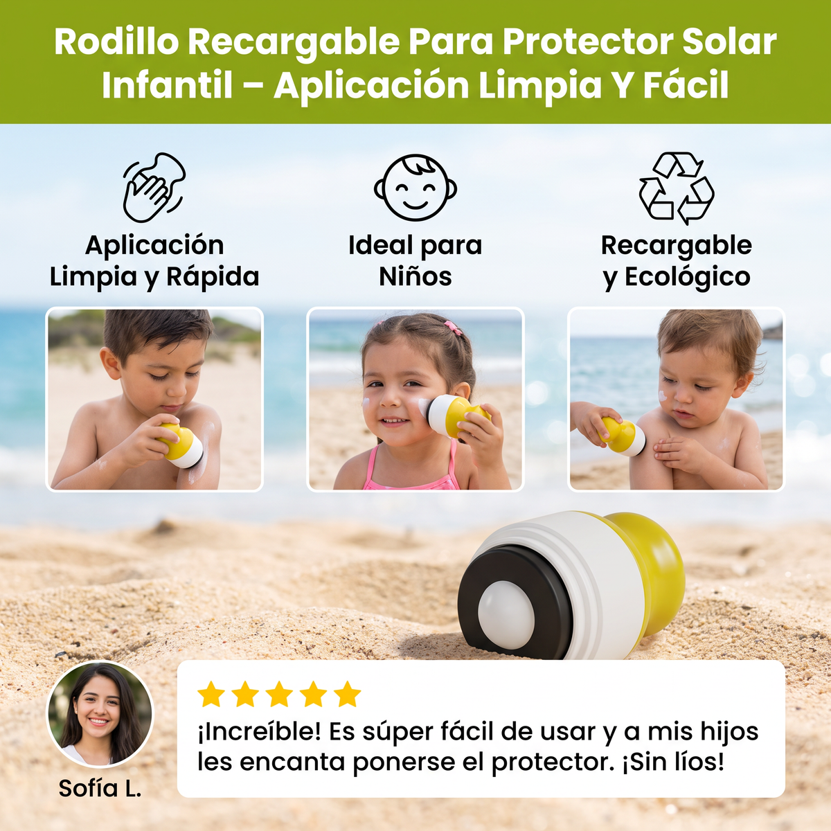 Rodillo Recargable Para Protector Solar Infantil – Aplicación Limpia Y Fácil