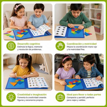 Libro Portátil De Rompecabezas Tangram Magnético Montessori De Madera Para Aprender Y Jugar