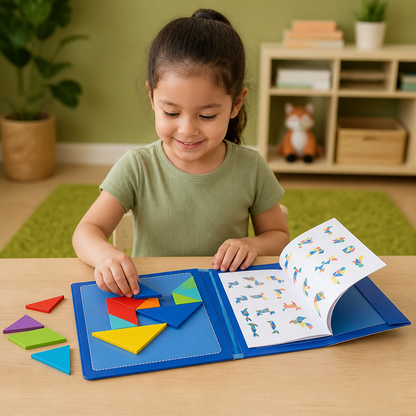 Libro Portátil De Rompecabezas Tangram Magnético Montessori De Madera Para Aprender Y Jugar